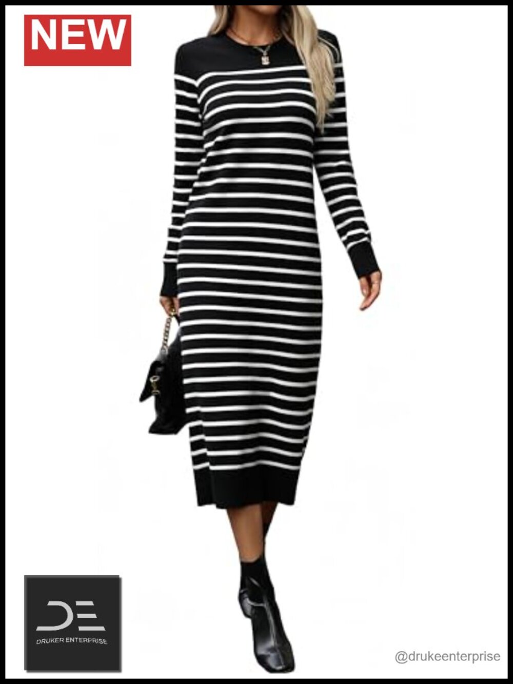 Long Sleeve Crew Neck Sweater Dress Below Knee Casual Fall Winter